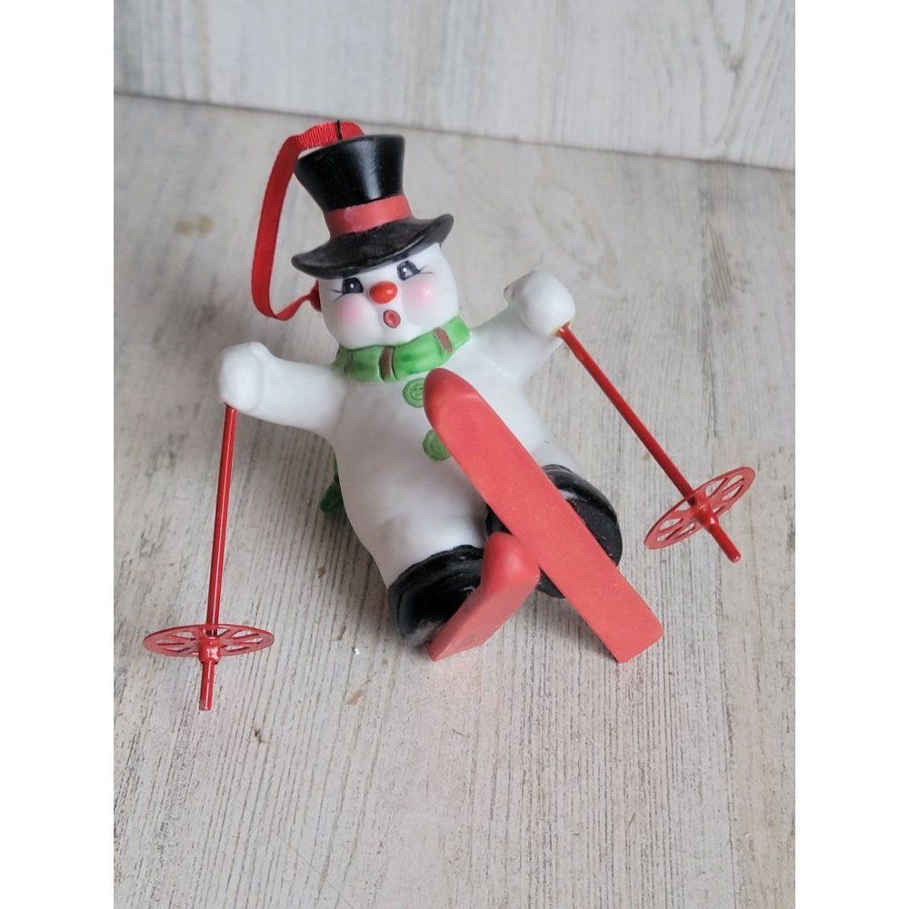 Enesco Ceramics‎ skiing snowman ornament Xmas vintage